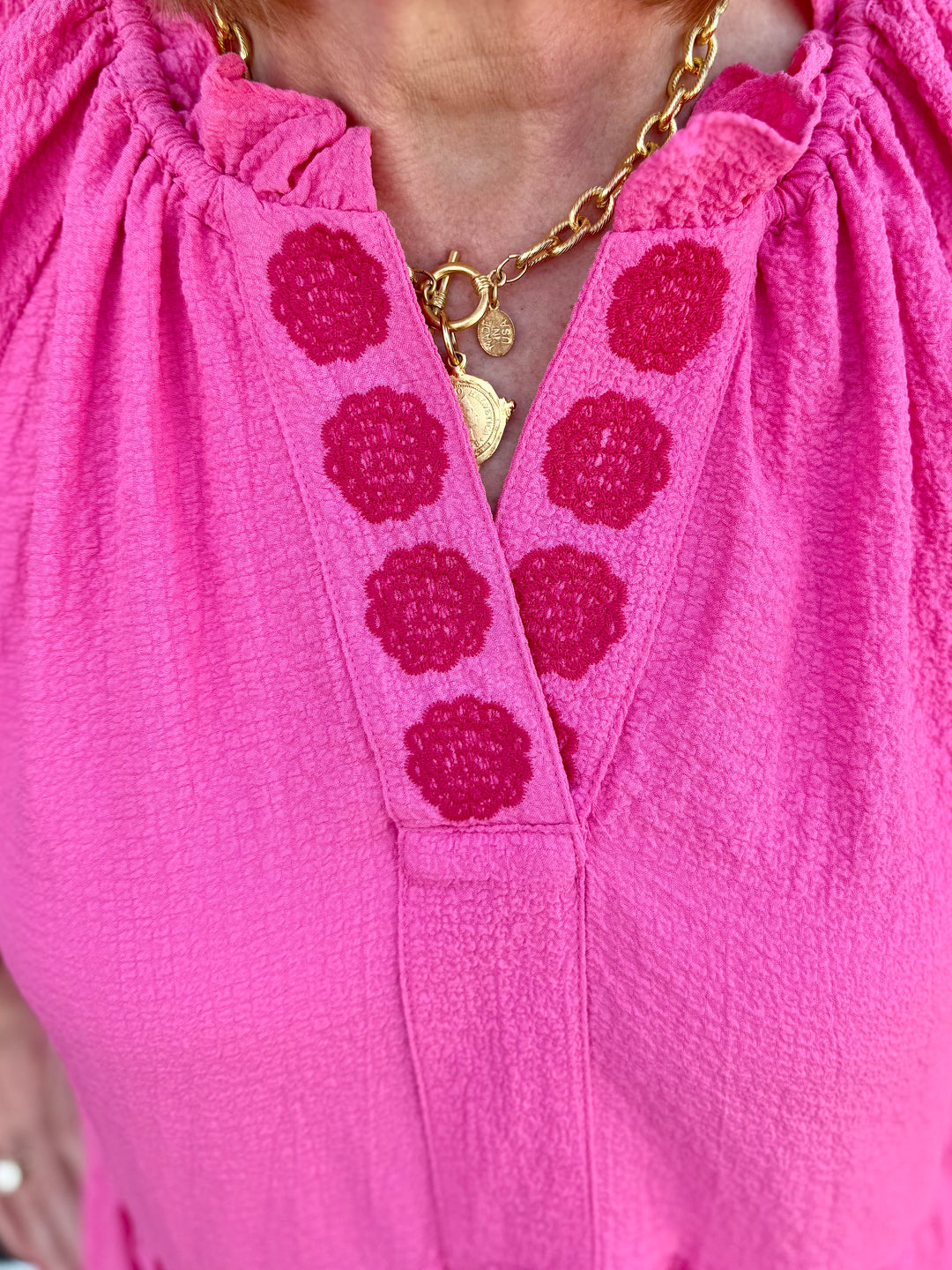 Melissa Peony Embroidered Tiered Dress: textured pink babydoll style with red floral embroidery. Available in sizes XS-XL.
