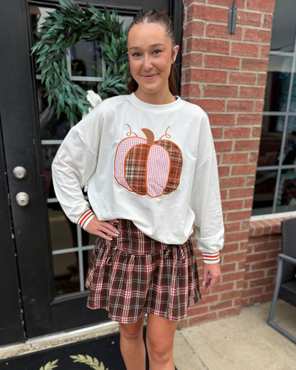 Pumpkin Patch Plaid Flannel Skort, available in sizes XS–XL.