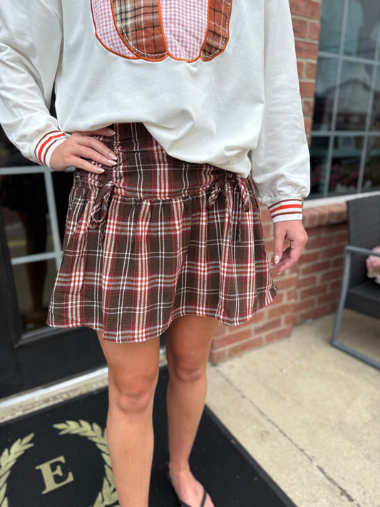 Pumpkin Patch Plaid Flannel Skort in cozy fall colors, available in sizes XS-XL.