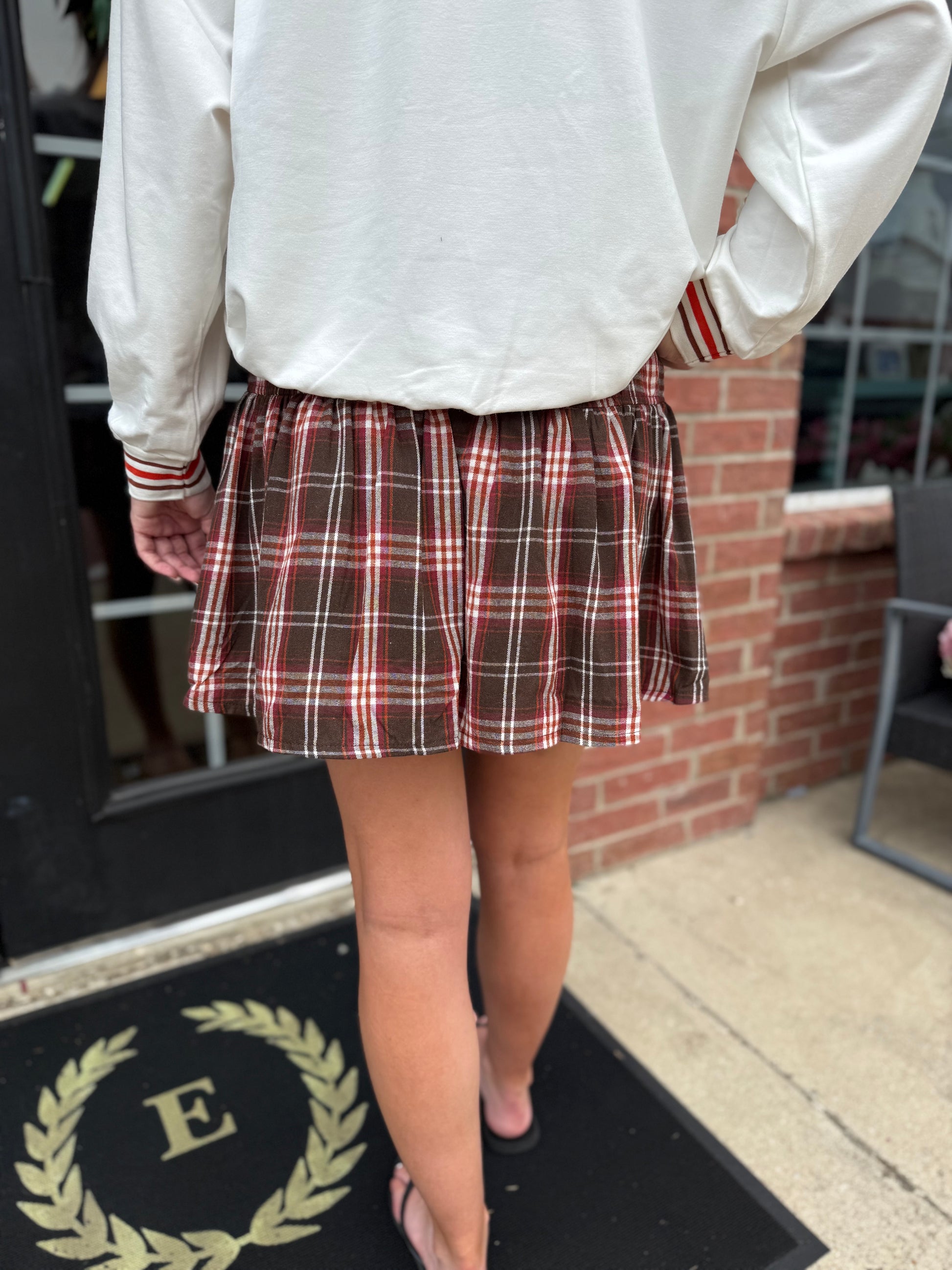 Pumpkin Patch Plaid Flannel Skort in autumnal tones; available in sizes XS–XL.