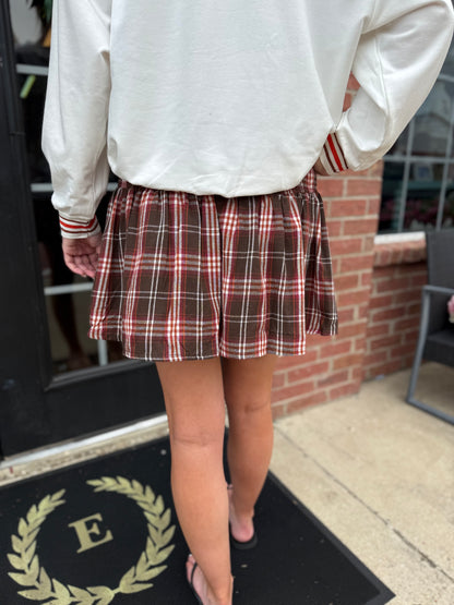 Pumpkin Patch Plaid Flannel Skort in autumnal tones; available in sizes XS–XL.