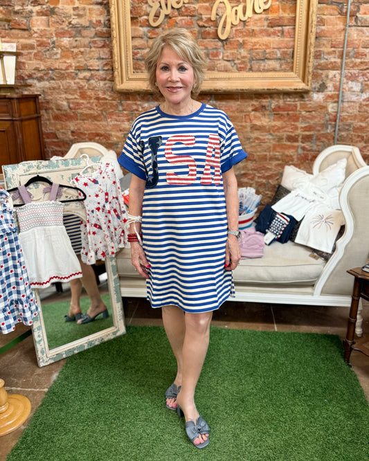 USA Striped Dress, summer style with "USA" in red letters. Available in sizes XS-XL.