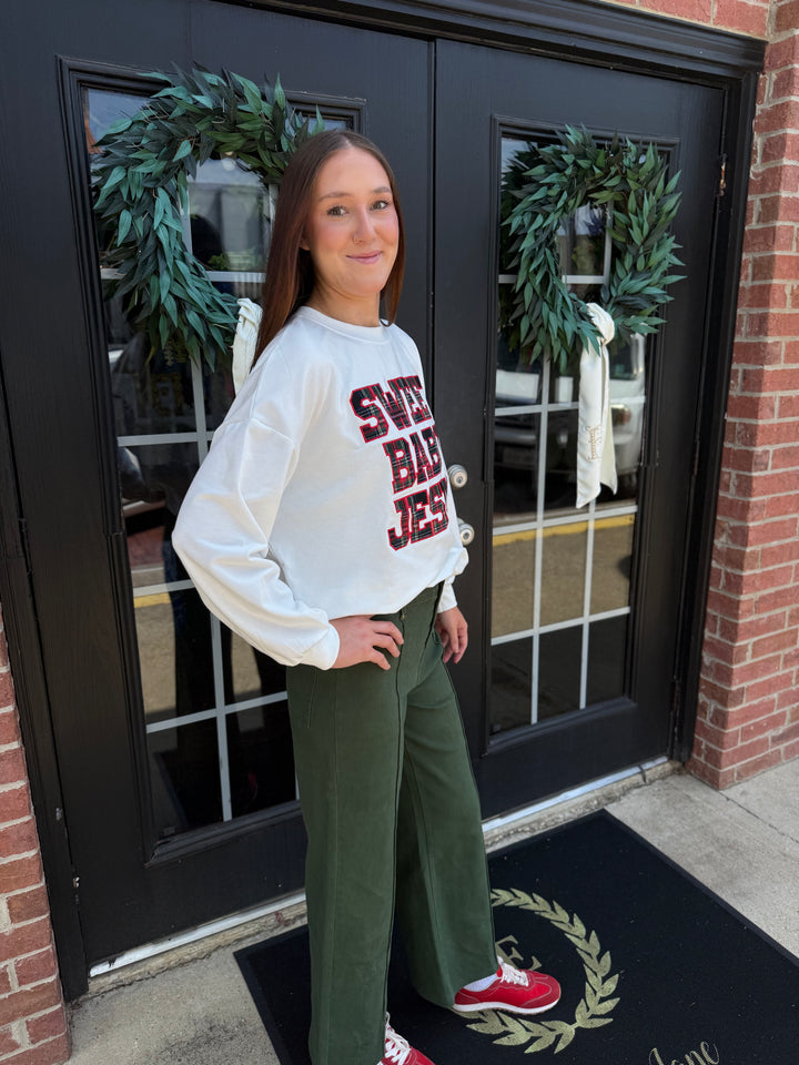 White Sweet Baby Jesus crew neck sweatshirt with red and black plaid lettering. Available in all sizes.