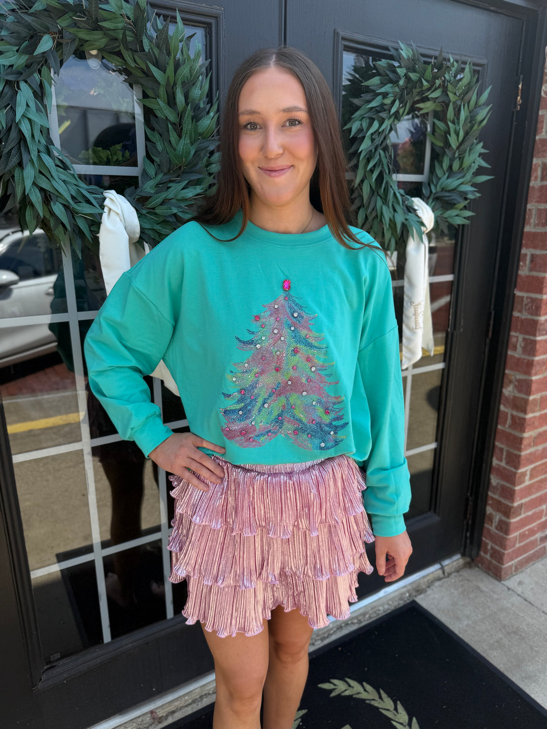 Teal gemstone Christmas tree sweatshirt with multicolored sequin embellishments, available in multiple sizes.