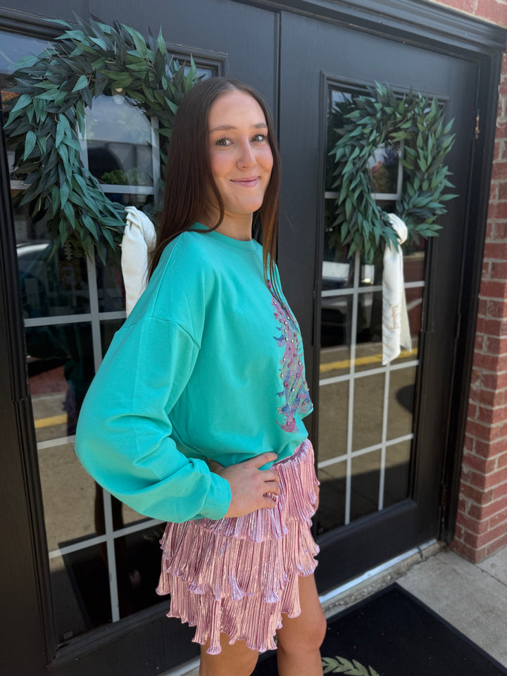 Bright teal gemstone Christmas tree sweatshirt with pastel sequined and gem embellishments. Available in all sizes.