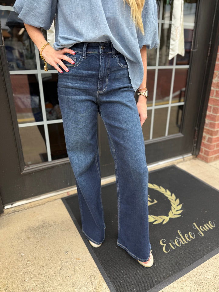 Judy Blue LUX Retro Wide Leg Dark Twilight Blue Jeans, available in sizes 0-24W.