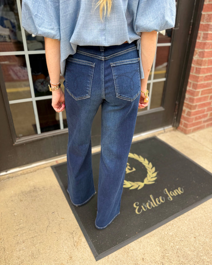 Judy Blue LUX Retro Wide Leg Dark Twilight Blue Jeans, dark wash, wide leg style. Available in sizes 0-24W.