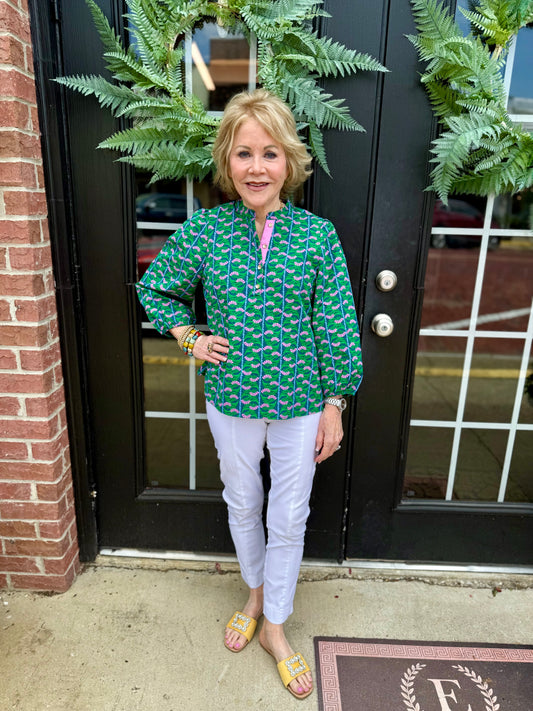 Lia Top with 3/4 puff sleeves. Available in sizes XS–XL.