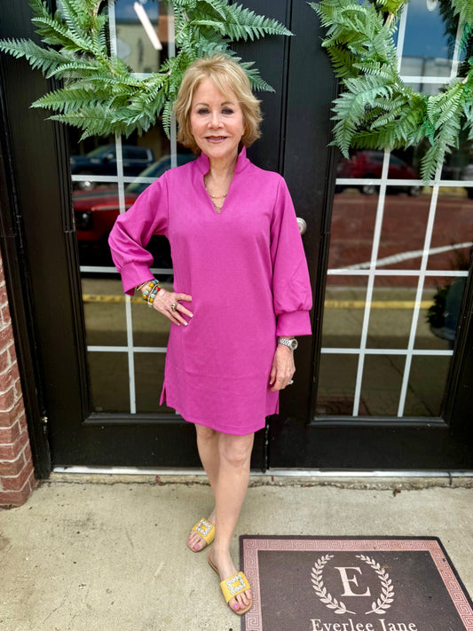Hadley Crocus Pink Dress with pop-collar v-neckline. Sizes XS-XL.