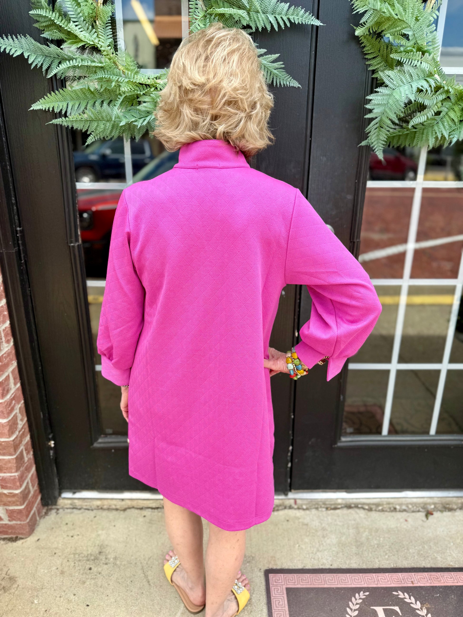Hadley Crocus Pink Dress shown from the back; available in sizes XS–XL.