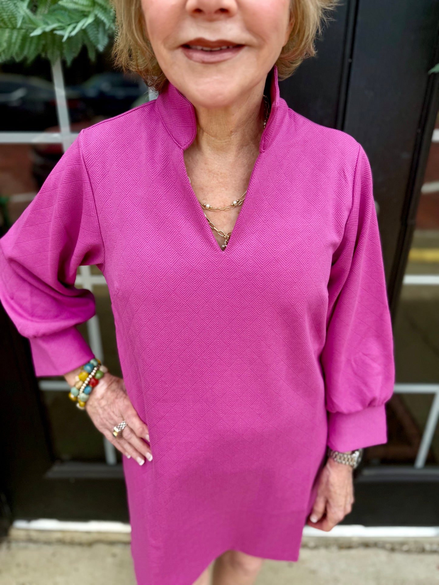 Hadley Crocus Pink Dress with long sleeves and v-neckline. Available in sizes XS-XL.