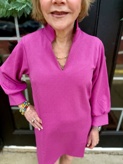 Hadley Crocus Pink Dress with long sleeves and v-neckline. Available in sizes XS-XL.