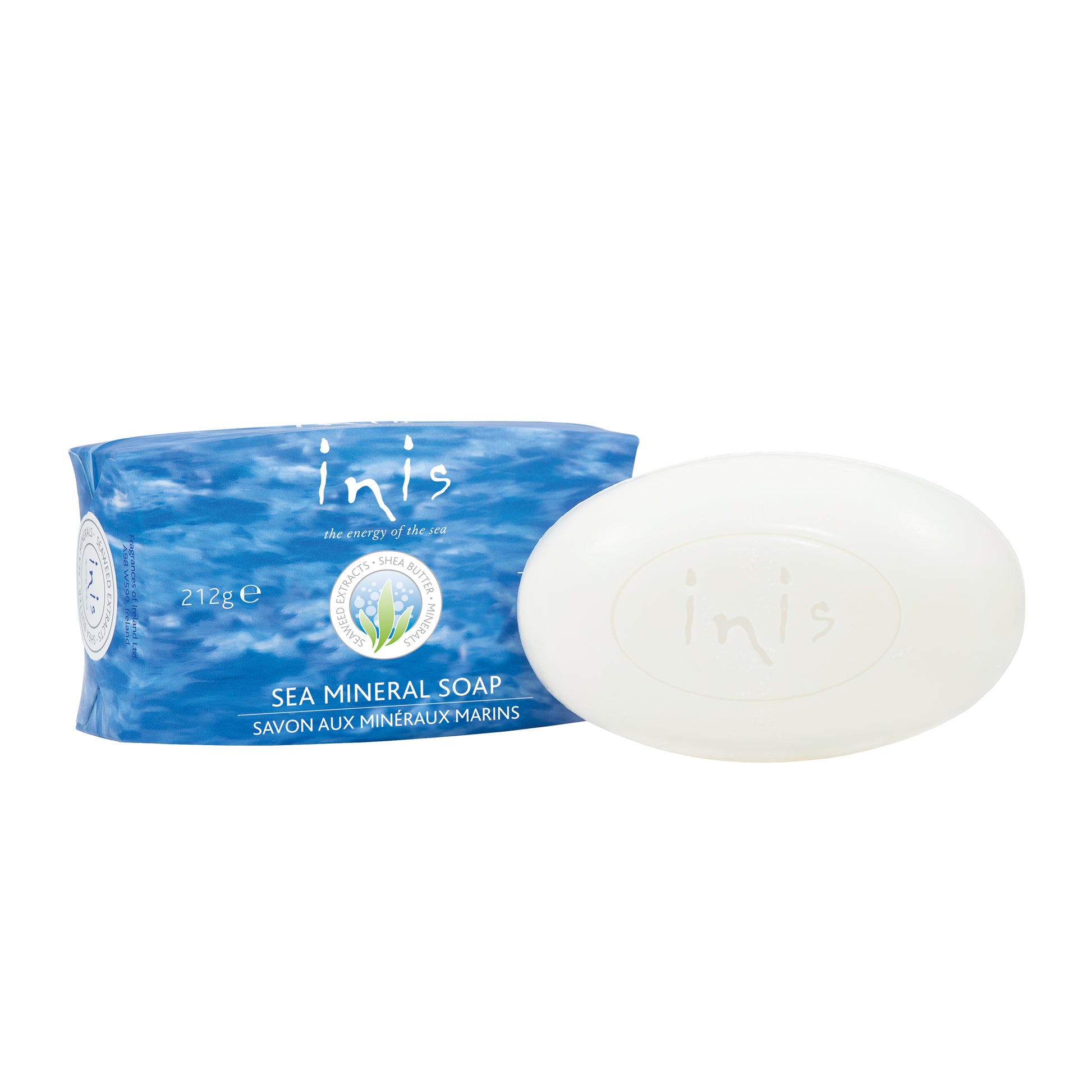 Oval white Inis Sea Mineral Soap, 7.4 oz., shea butter, triple-milled with sea minerals.