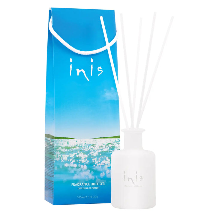 Inis Fragrances of Ireland white diffuser bottle with five reeds. Available in multiple sizes.