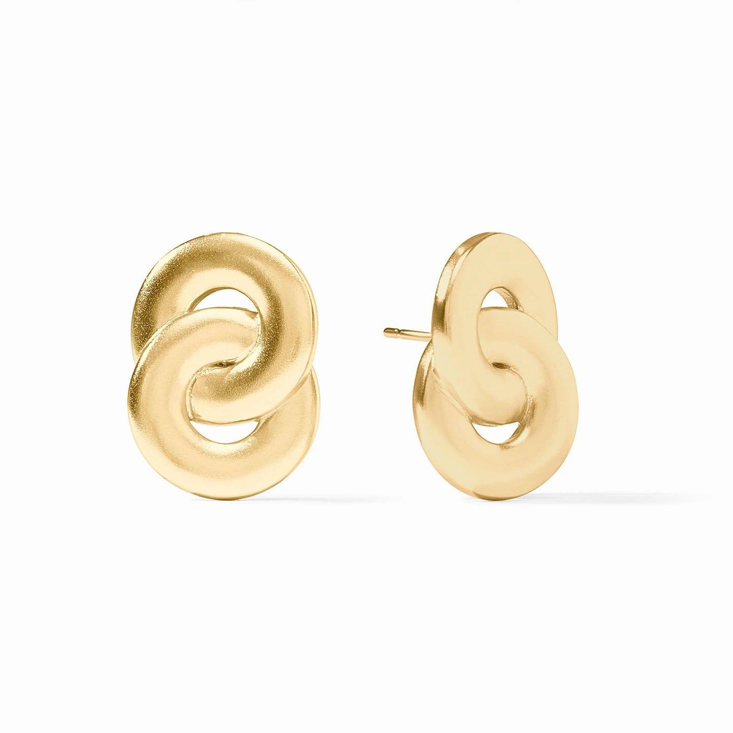 24K gold Infinity Earrings with two interlocking flat circular links, polished finish. Available in small, medium, and large.
