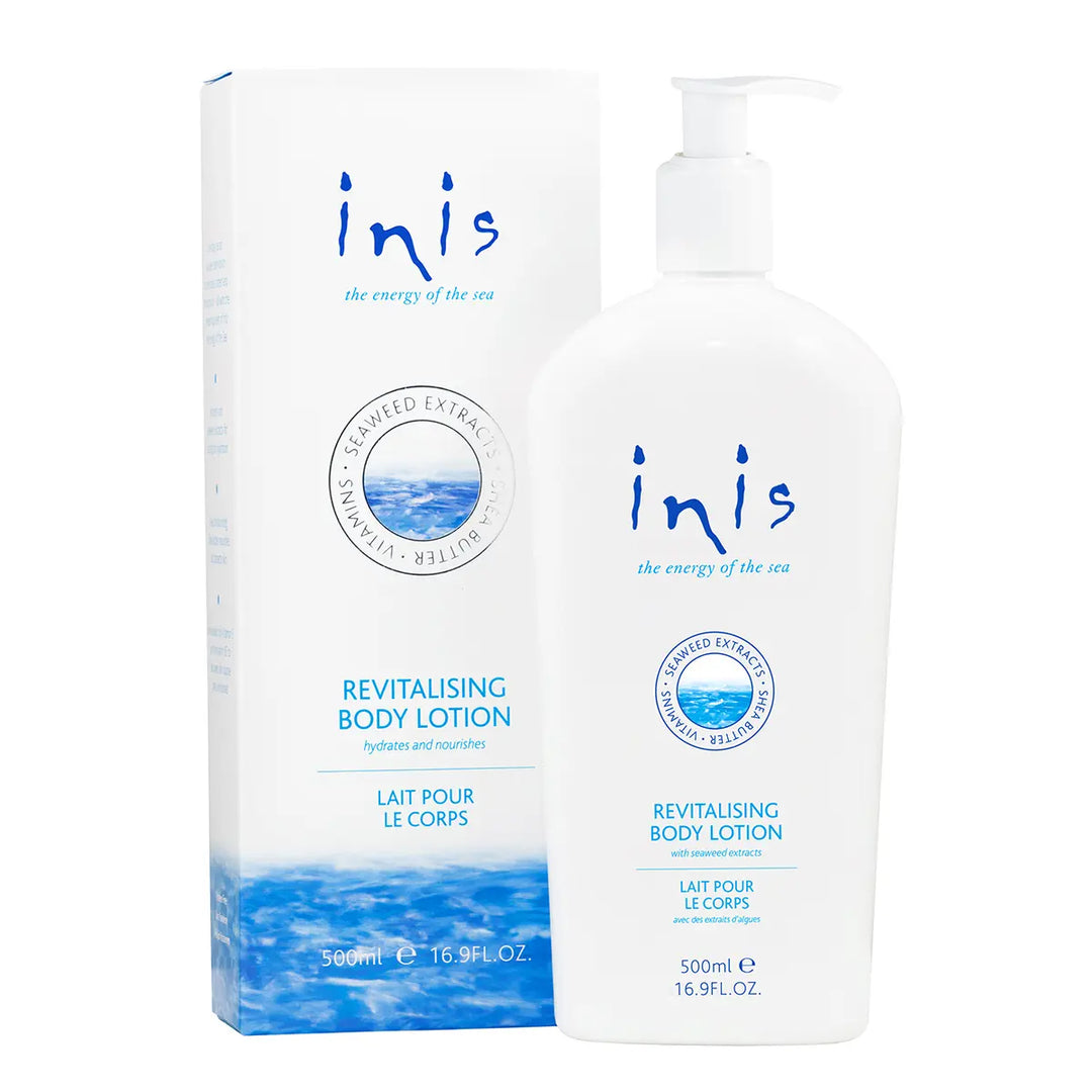 Inis Revitalising Body Lotion, 500ml white pump bottle and box with blue text, seaweed extract, "energy of the sea" label.
