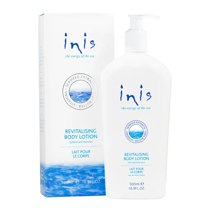 Inis Revitalising Body Lotion, 500ml white pump bottle and box with blue text, seaweed extract, "energy of the sea" label.