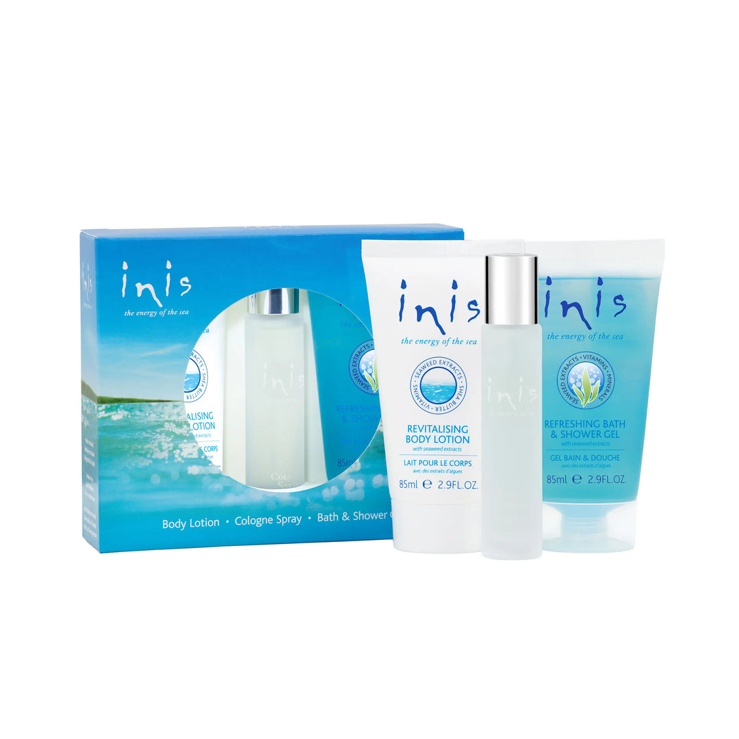 Inis Fragrances of Ireland travel gift set: blue/white box, seaweed body lotion (50ml), bath/shower gel (50ml), “energy of the sea.”.