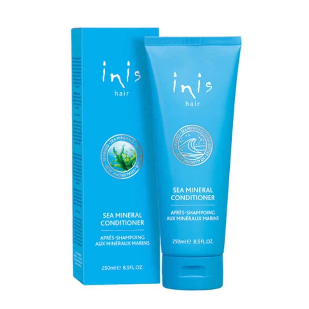 Blue tube of Inis Sea Mineral Conditioner, 250ml/8.5 oz., white text, circular logo, sulfate-free with seaweed extracts.