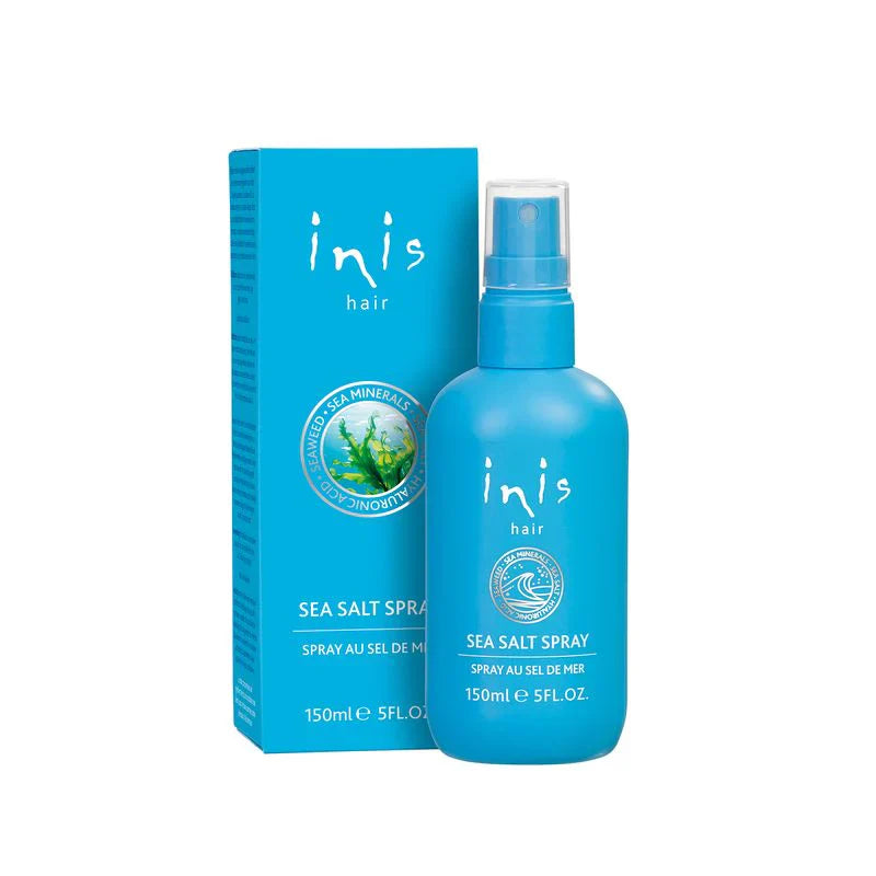 Blue 150ml/5 fl. oz. Inis Sea Mineral Sea Salt Hair Spray bottle with white text and round ocean logo.