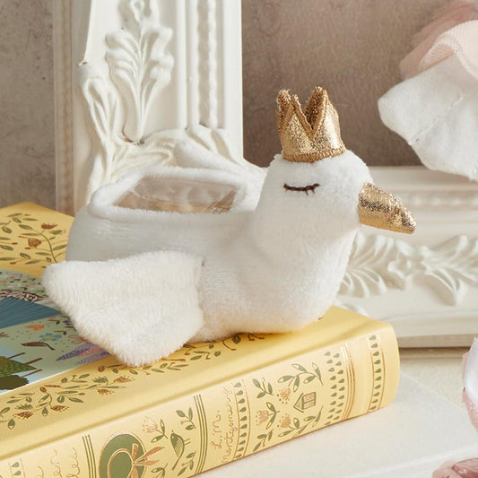 Serene Swan Comfort Toy with gold accents and a small gold crown. Available sizes: Small, Medium, Large.