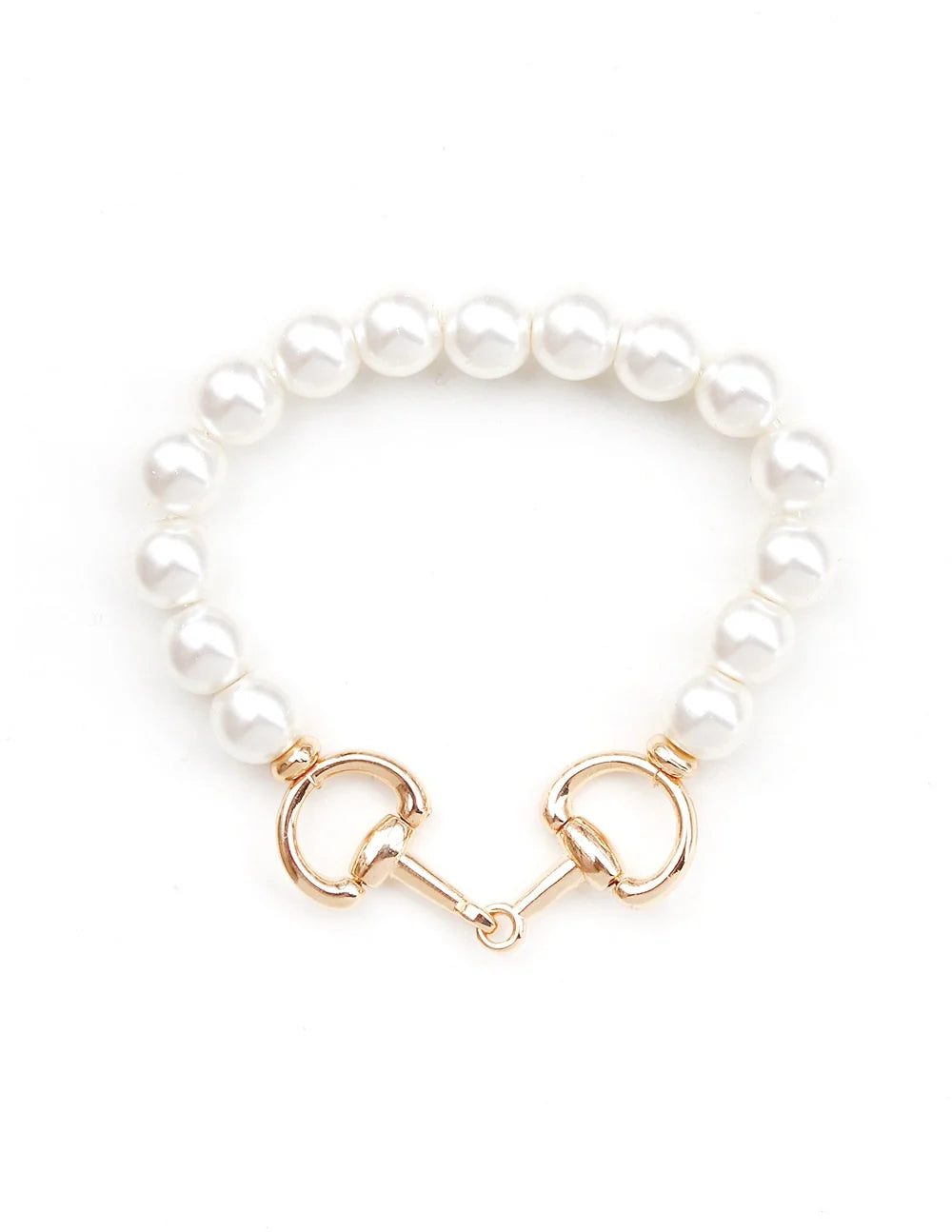 Jet Pearl Horse Bit Stretch Bracelet with large round white pearls and gold metal horse bit clasps at each end. Available in small, medium, and large sizes.