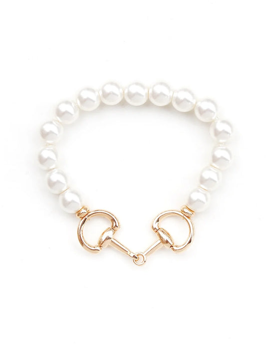Jet Pearl Horse Bit Stretch Bracelet with large round white pearls and gold metal horse bit clasps at each end. Available in small, medium, and large sizes.