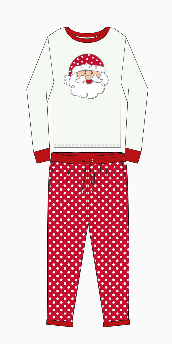 Kids Santa Baby Pajama Set: long-sleeved white top with Santa graphic and red polka-dot bottoms.