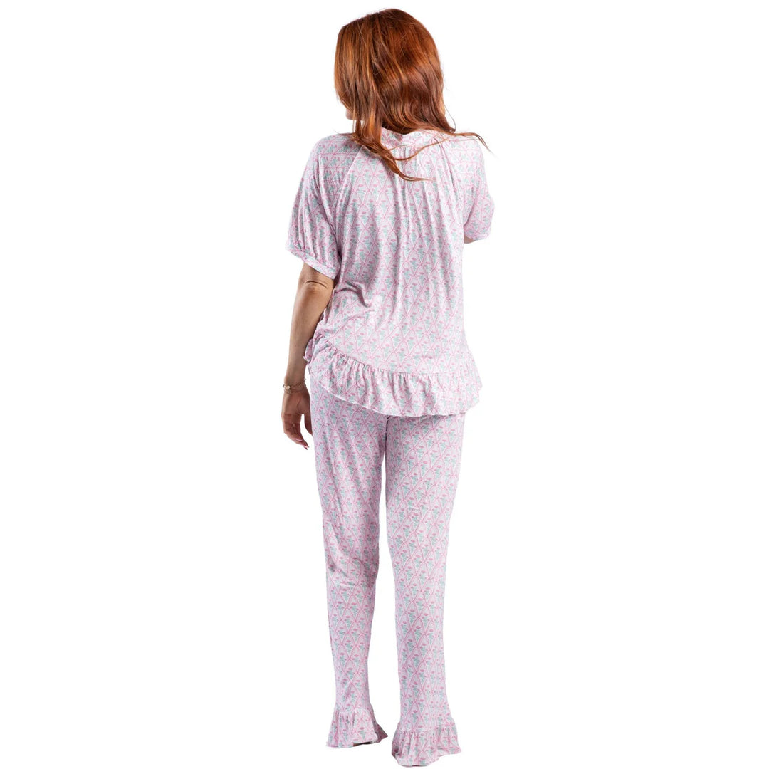 Rosey Lane Bamboo Pant Set in light pink floral with ruffle details, hypoallergenic. Available in sizes S-XL.
