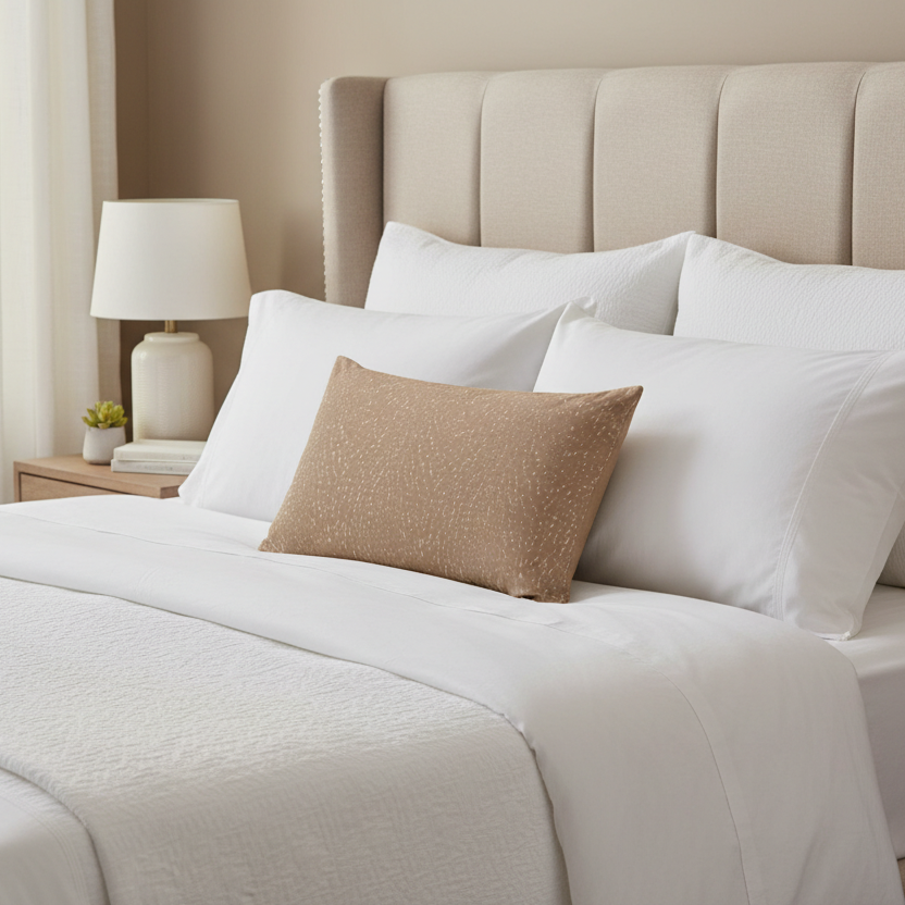 Fawn Satin Pillow Case on a neatly made bed with crisp white bedding; available in standard, queen, and king sizes.