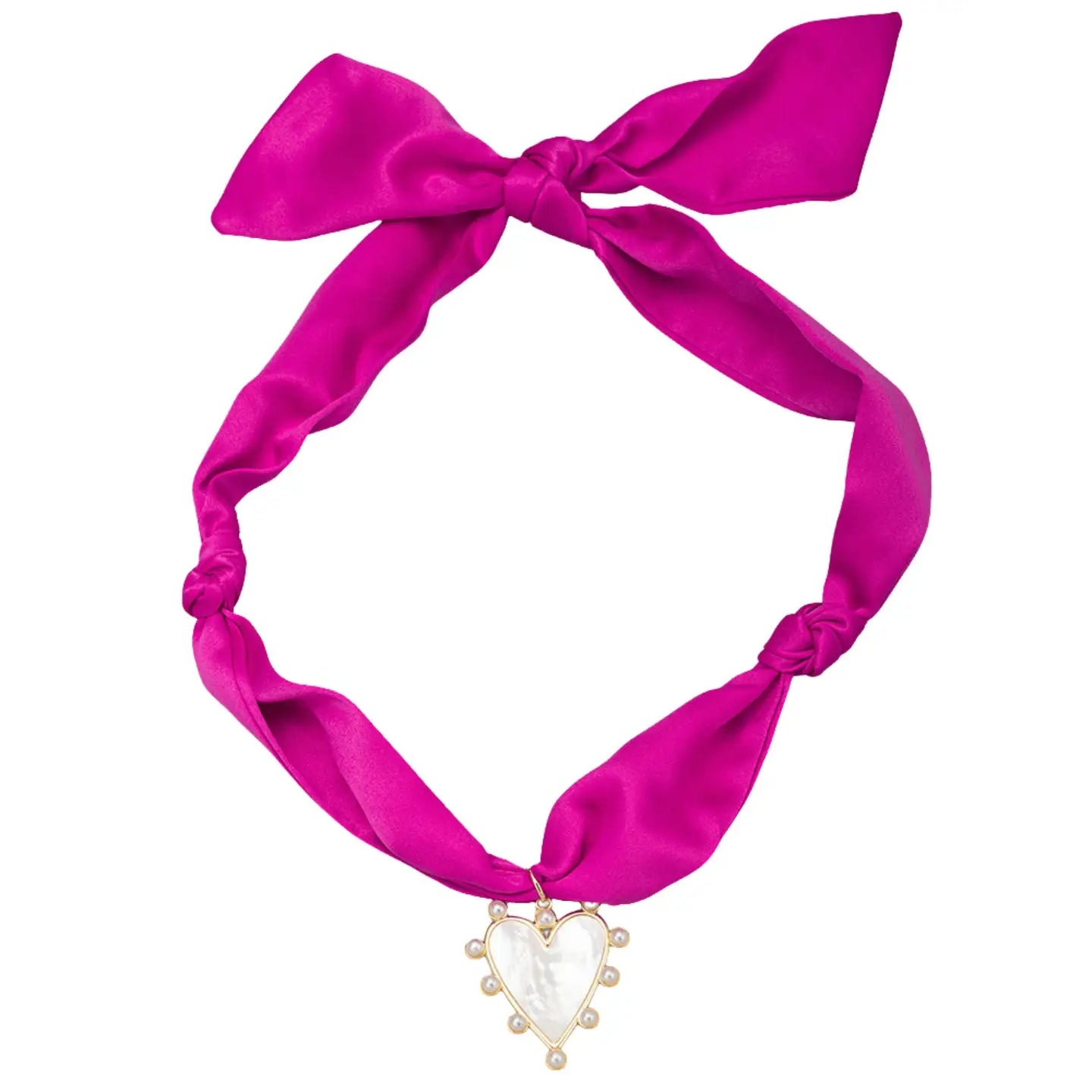 Hot pink satin bow necklace with gold-outlined heart pendant and pearl accents. Available sizes: S, M, L.