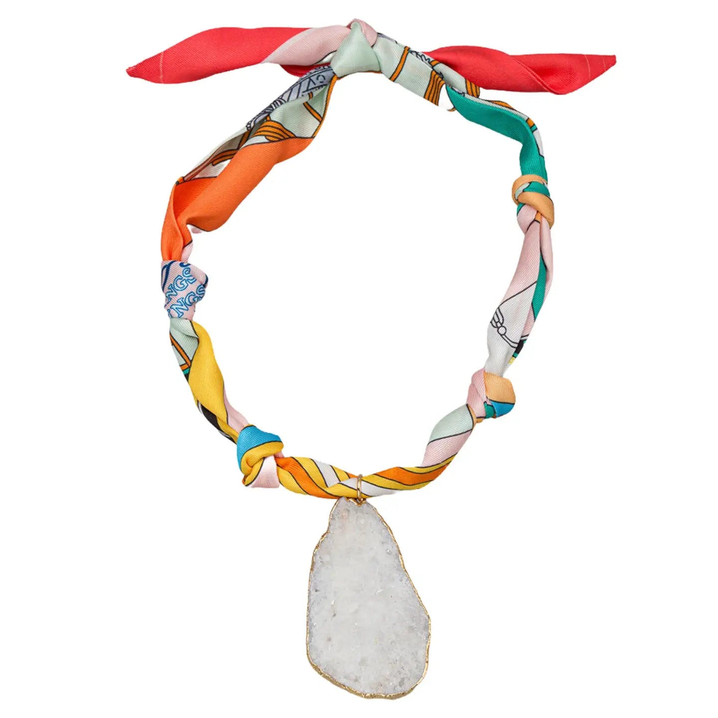 Crest Pattern Tie Necklace with white electroplated agate, twisted silk, gold frame; available in small, medium, large.