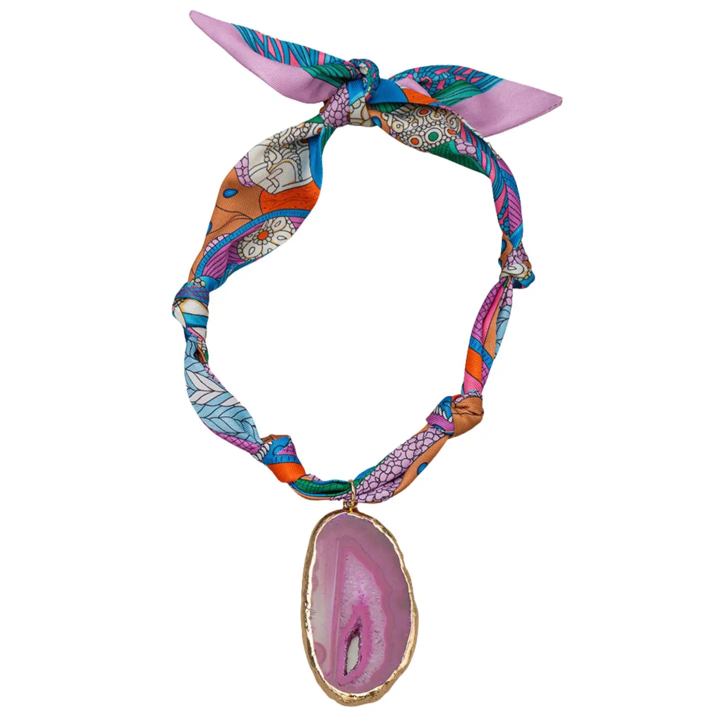 Gold-bordered pink agate pendant with blue, orange, and purple designs. Knotted at top. Available in 16", 18", and 20".