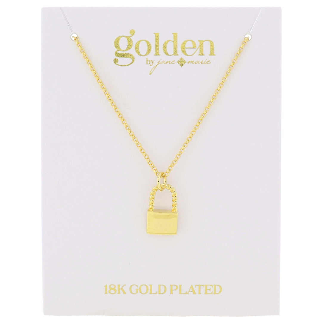 Gold small chain necklace with twist detail lock pendant