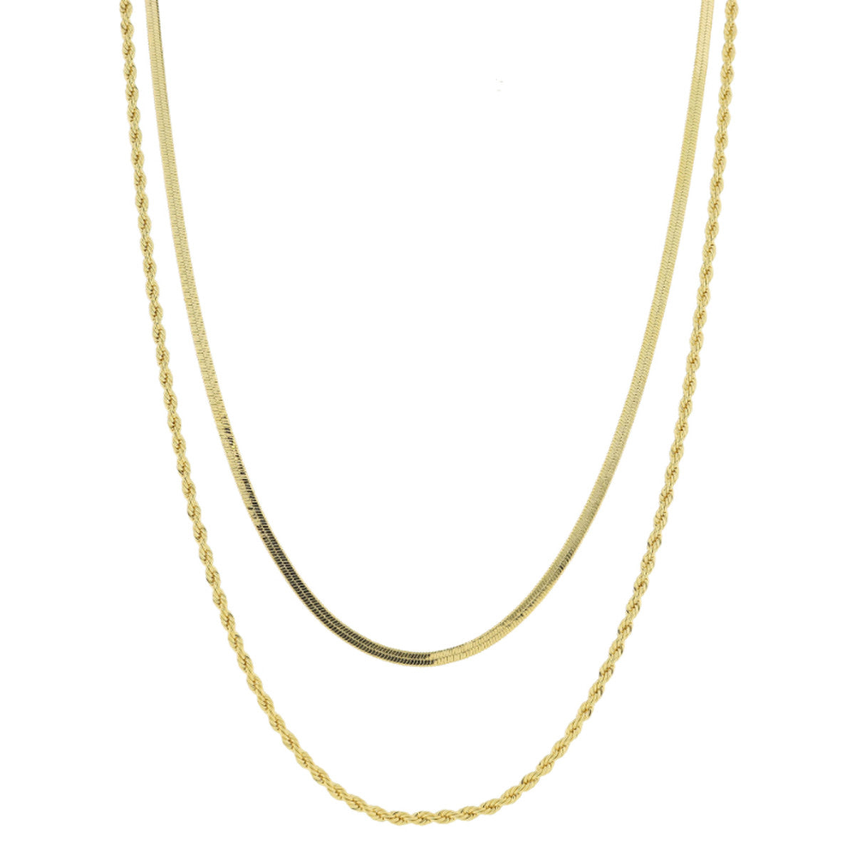 This product is a set of two 18K Gold Plated Dainty 2 Strand necklaces. The top necklace is a 16" smooth Snake Chain, while the bottom necklace features an 18" twisted Rope Chain design. Both are against a white background.