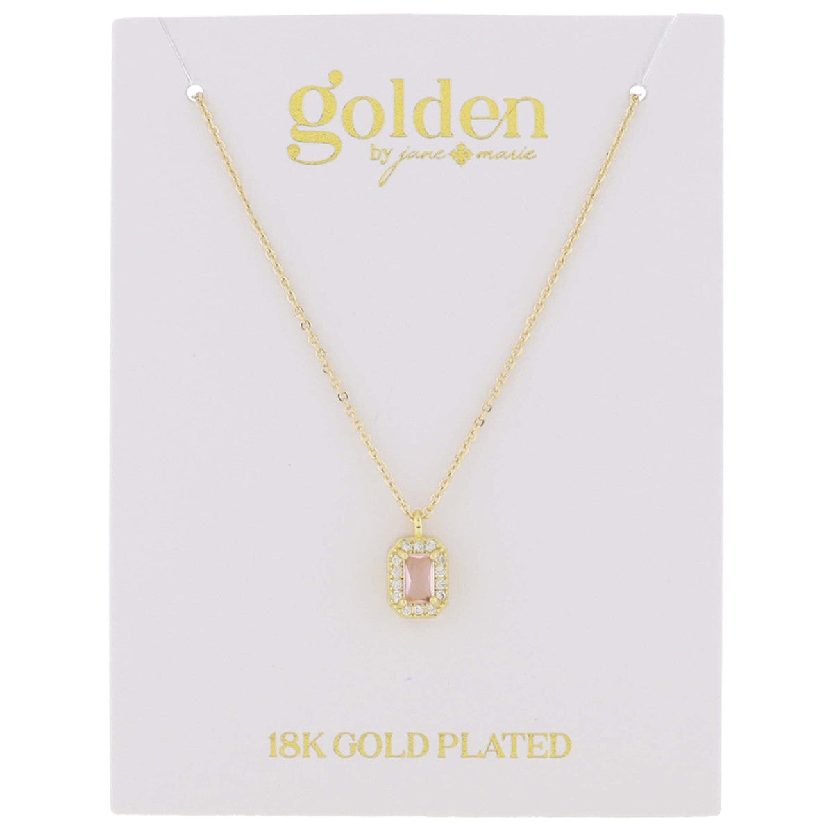 This 'golden by jane marie' necklace features an 18K gold plated chain with a rectangular pendant encrusted with mini crystals. The necklace comes on a stylish display card. Available in one size, this piece combines the subtle luster of gold with the bright shine of crystals to create an elegant minimalistic jewelry option.