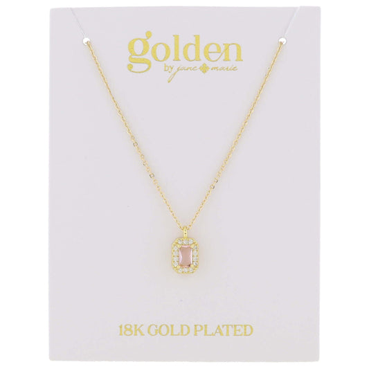 This 'golden by jane marie' necklace features an 18K gold plated chain with a rectangular pendant encrusted with mini crystals. The necklace comes on a stylish display card. Available in one size, this piece combines the subtle luster of gold with the bright shine of crystals to create an elegant minimalistic jewelry option.