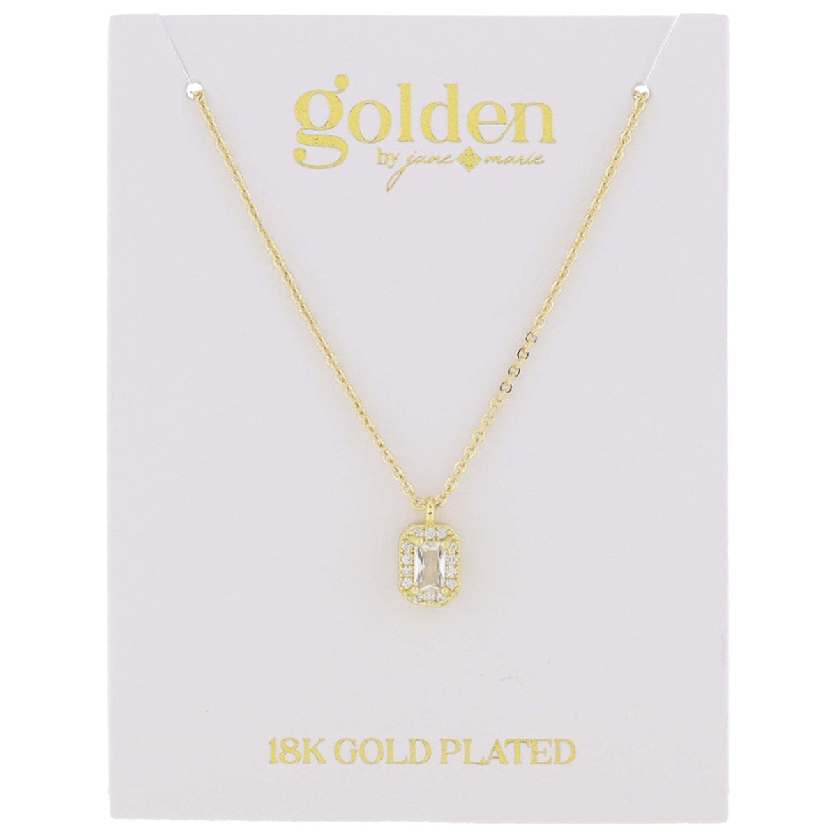 The product is a rectangular pendant featuring a clear, rectangular central stone. It hangs on a delicate chain labeled "18k gold plated" from "Golden by Jenny Marie." This pendant is part of the 18K Gold Plated with Mini Crystal Necklace collection.