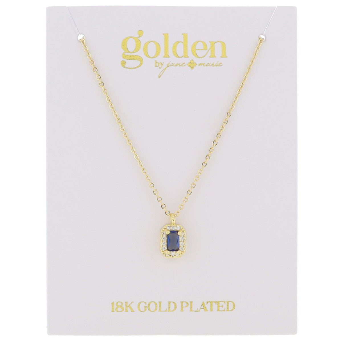 An 18K Gold Plated Necklace with Mini Crystal from Golden by Jules Smith. It sports a fine chain and an elegant rectangular blue gem pendant. The product comes on a basic white display card. One-size-fits-all product.