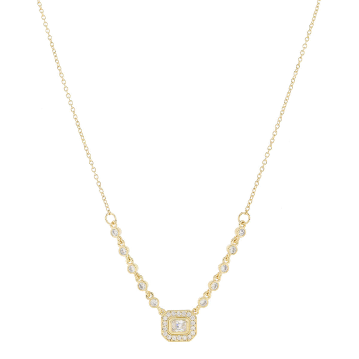 Crystal Bezel Chain Portion and Rectangle Crystal with Crystal Pave Outline Necklace, .35" Pendant