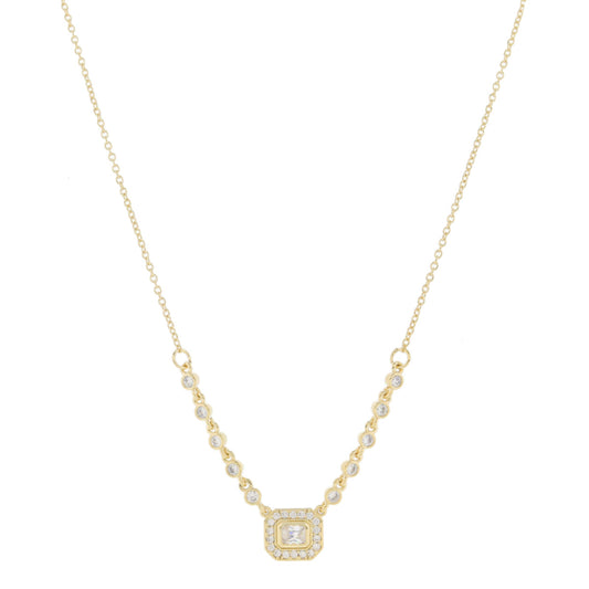 Crystal Bezel Chain Portion and Rectangle Crystal with Crystal Pave Outline Necklace, .35" Pendant