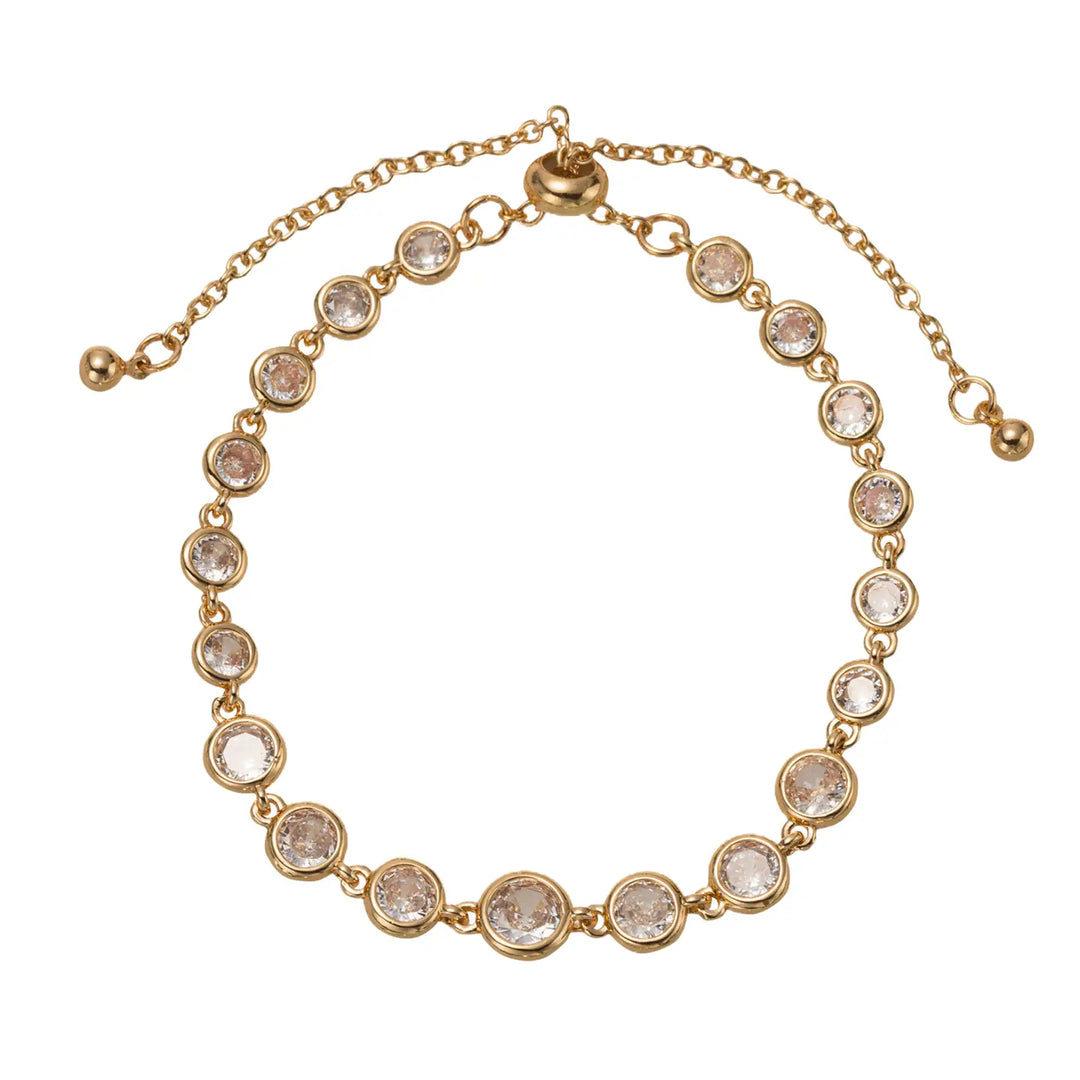 18K gold plated chain bracelet with bezel-set cubic zirconia, sliding clasp, ball ends. Adjustable length 6-9 inches.