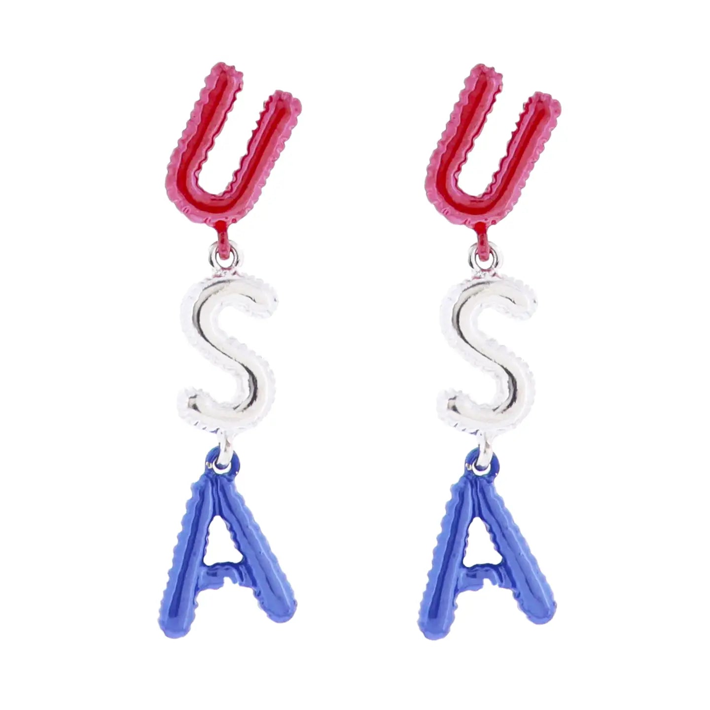 Balloon "USA" Earrings: red "U," silver "S," blue "A" balloons stacked vertically. Sizes: small, medium, large.