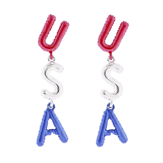 Balloon "USA" Earrings: red "U," silver "S," blue "A" balloons stacked vertically. Sizes: small, medium, large.