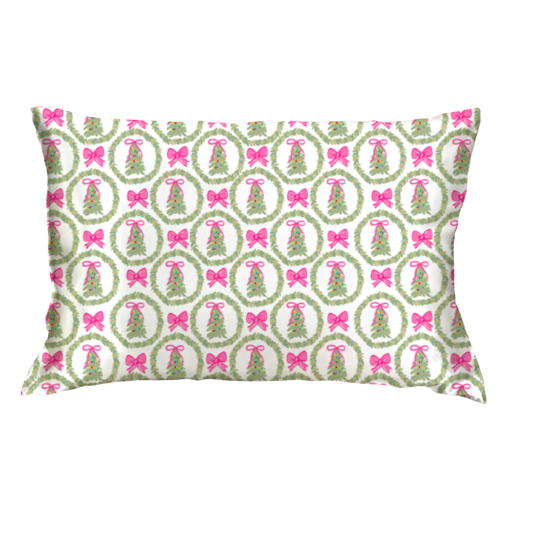 Rectangular satin pillow case with green wreaths and pink bows on a white background; available in standard and king sizes.