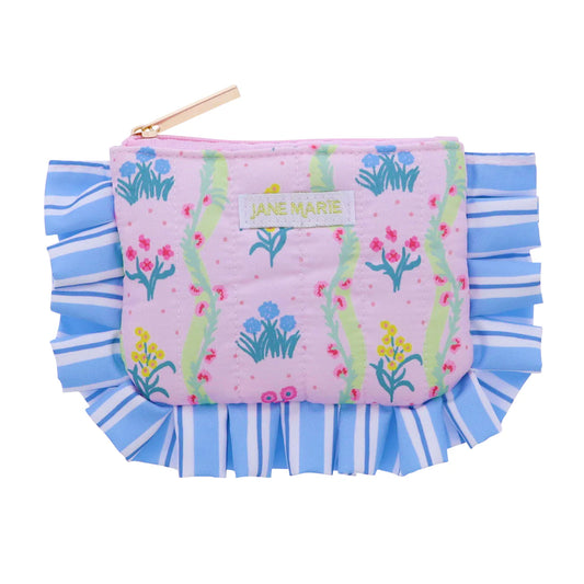 Bloomsbury Haven Small Zipper Pouch: pink floral print, "Jane Marie" label, blue-and-white ruffle trim. Sizes: small.