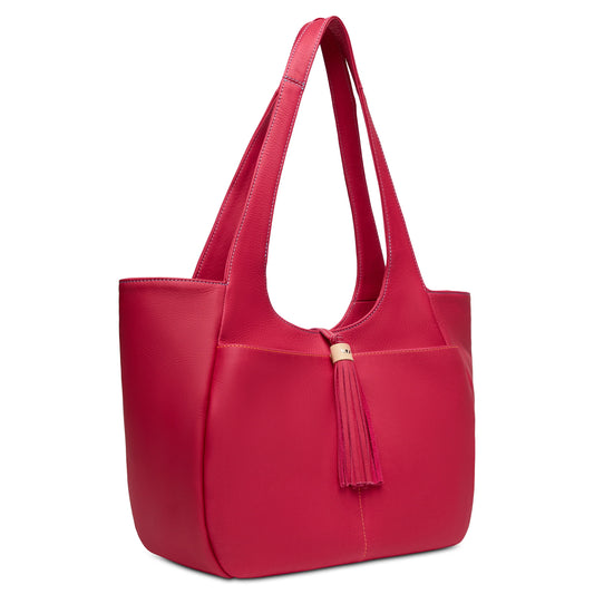 Bright pink leather Joya Tote, Maren: two straps, tassel detail, smooth structured build, rounded base. Sizes: S, M, L.