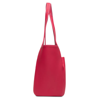 Bright pink leather Joya Tote, Maren; dual handles, structured shape. Available in small, medium, and large sizes.