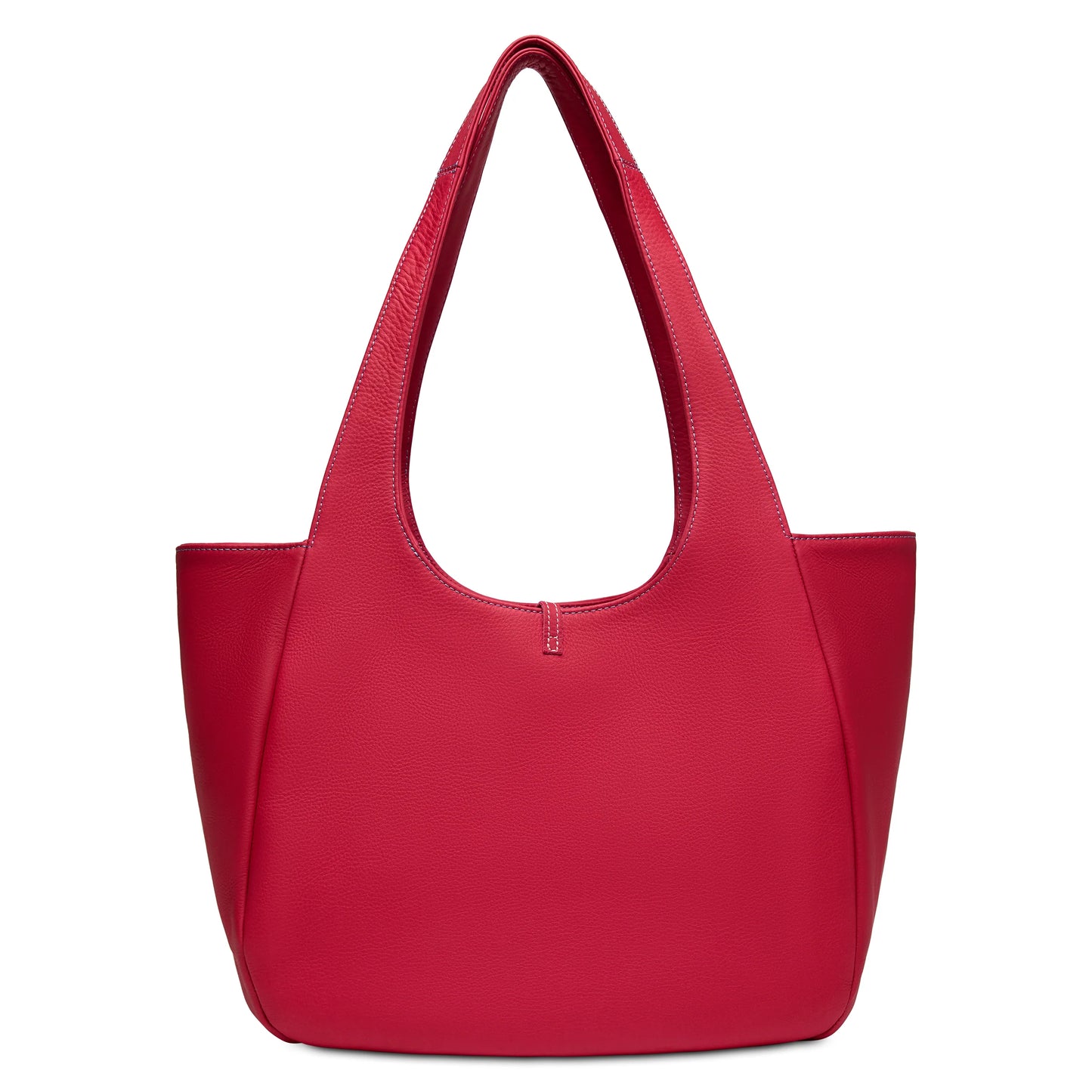 Bright red leather tote bag with wide handles and minimal, spacious design. The Joya Tote, Maren. Sizes: small, medium, large.