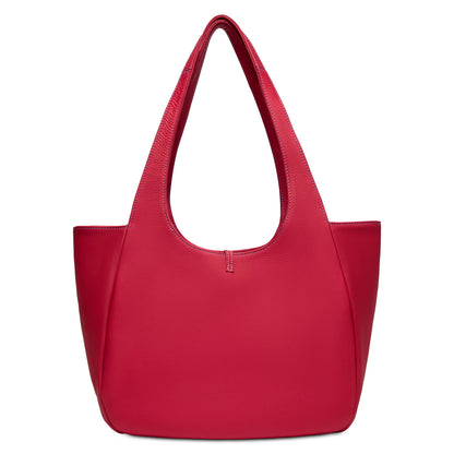 Bright red leather tote bag with wide handles and minimal, spacious design. The Joya Tote, Maren. Sizes: small, medium, large.
